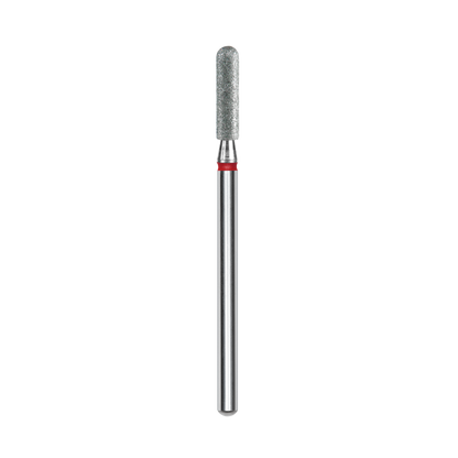 The STALEKS PRO Diamond Nail Drill Bit (Rounded Cylinder) by Staleks features a 2.5mm diameter, 10mm working part, metallic silver shaft, red ring at the base, and textured diamond coating—ideal for manicure/pedicure, shown on a black background.
