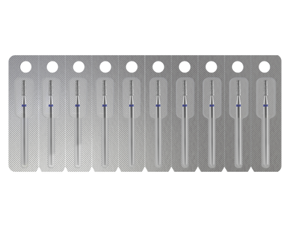 A blister pack of ten individually sealed STALEKS PRO Diamond Nail Drill Bits (Frustum), each with a 2.5 mm head and 8 mm working part, ideal for precise manicure/pedicure and nail polishing, arranged in a single row.