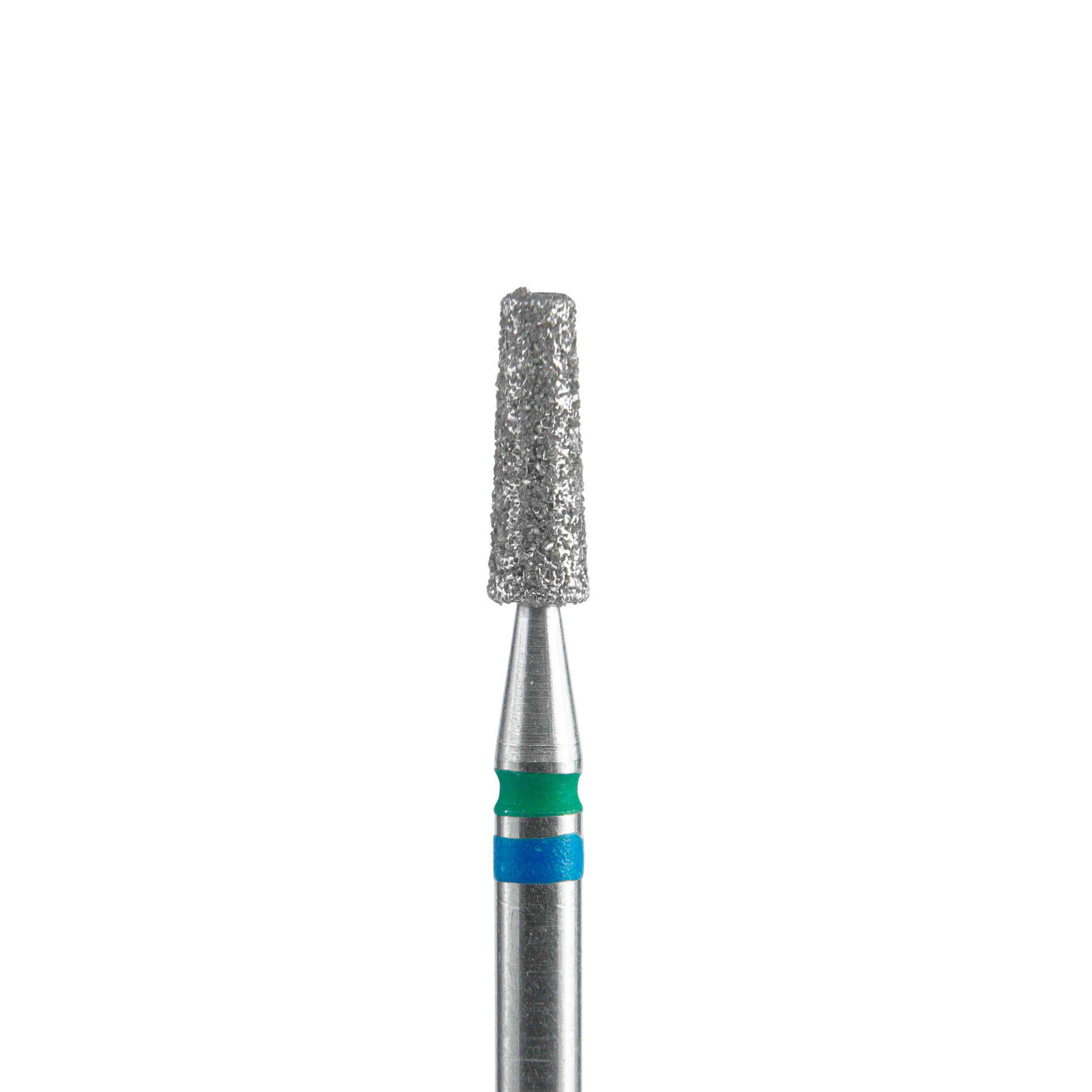 A close-up of the Staleks STALEKS PRO Diamond Nail Drill Bit DUO Cone EXPERT (2.5 mm head, 8 mm working part) featuring a textured diamond tip and blue/green bands on its metallic shaft, commonly used for manicures and pedicures.