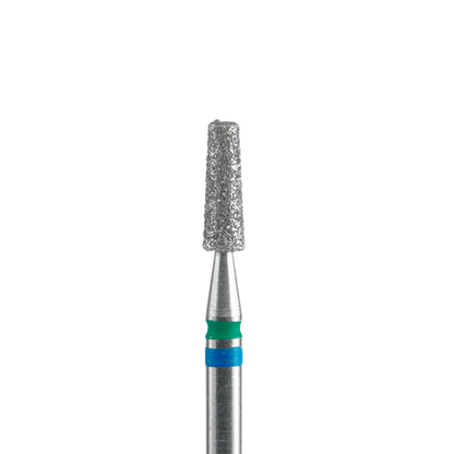 A close-up of the Staleks STALEKS PRO Diamond Nail Drill Bit DUO Cone EXPERT (2.5 mm head, 8 mm working part) featuring a textured diamond tip and blue/green bands on its metallic shaft, commonly used for manicures and pedicures.