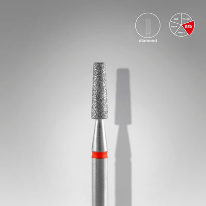 The Staleks STALEKS PRO Diamond Nail Drill Bit (Frustum), 2.5 mm head, 8 mm working part, is featured centered on a light gray background with a red band at the base; a color legend in the top right highlights “red.”.