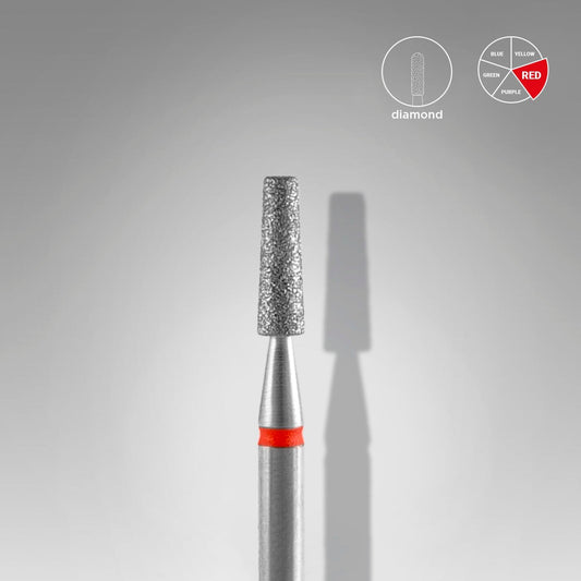 The Staleks STALEKS PRO Diamond Nail Drill Bit (Frustum), 2.5 mm head, 8 mm working part, is featured centered on a light gray background with a red band at the base; a color legend in the top right highlights “red.”.