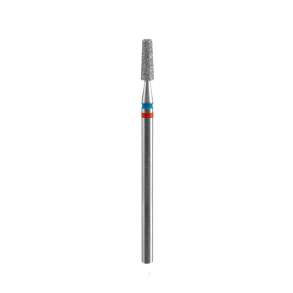 A close-up of the STALEKS PRO Diamond Nail Drill Bit DUO Cone EXPERT (2.5 mm head, 8 mm working part) from Staleks, with a cylindrical shaft and tapered tip marked with red and blue bands, set against a black background.