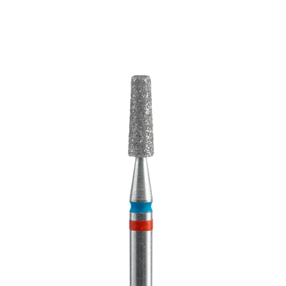A close-up of the Staleks STALEKS PRO Diamond Nail Drill Bit DUO Cone EXPERT (2.5 mm head, 8 mm working part) shows its textured gray tip and metal shaft with blue and red bands, used for manicure or pedicure, set against a black background.
