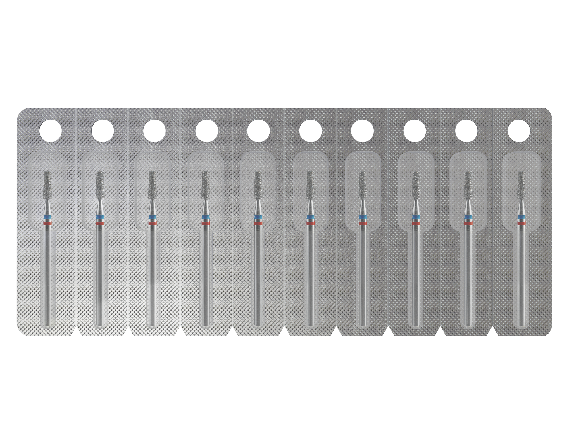 A row of ten individually packaged STALEKS PRO Diamond Nail Drill Bits (Frustum, 2.5mm head, 8mm working part) by Staleks, ideal for hardware manicure/pedicure, arranged side by side in silver foil blister packs.