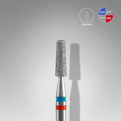 A close-up of the STALEKS PRO Diamond Nail Drill Bit DUO Cone (2.5mm tip, 8mm working part) by Staleks, showing its textured silver head and blue/red color bands—perfect for manicure or pedicure—on a gray background with grit labels.