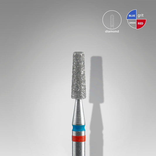 A close-up of the STALEKS PRO Diamond Nail Drill Bit DUO Cone (2.5mm tip, 8mm working part) by Staleks, showing its textured silver head and blue/red color bands—perfect for manicure or pedicure—on a gray background with grit labels.