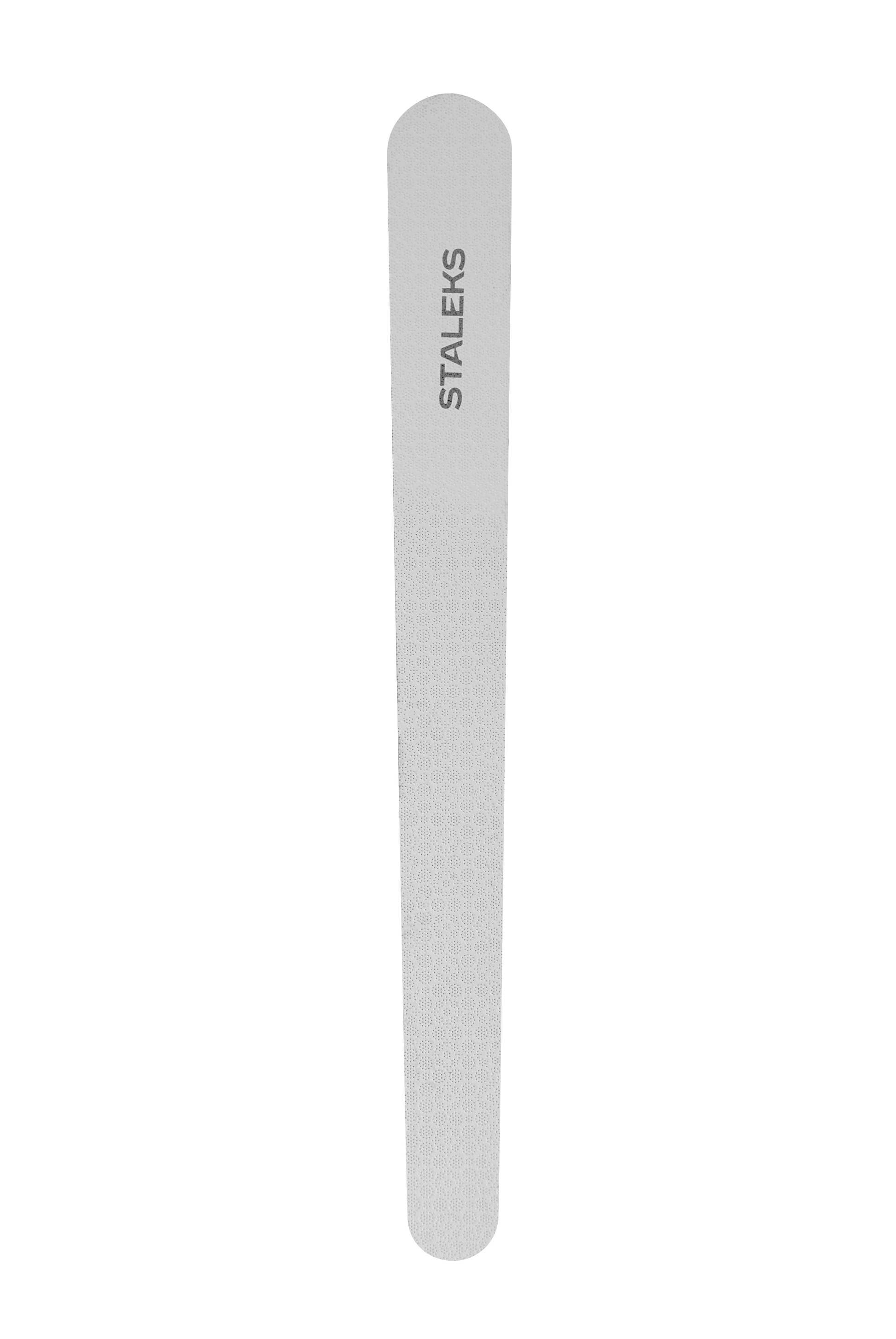 The STALEKS PRO Laser Nail File BEAUTY & CARE 20 (110 mm) is a single gray stainless steel file with a rounded end, featuring the Staleks logo vertically near the top—perfect for precise manicures and pedicures.