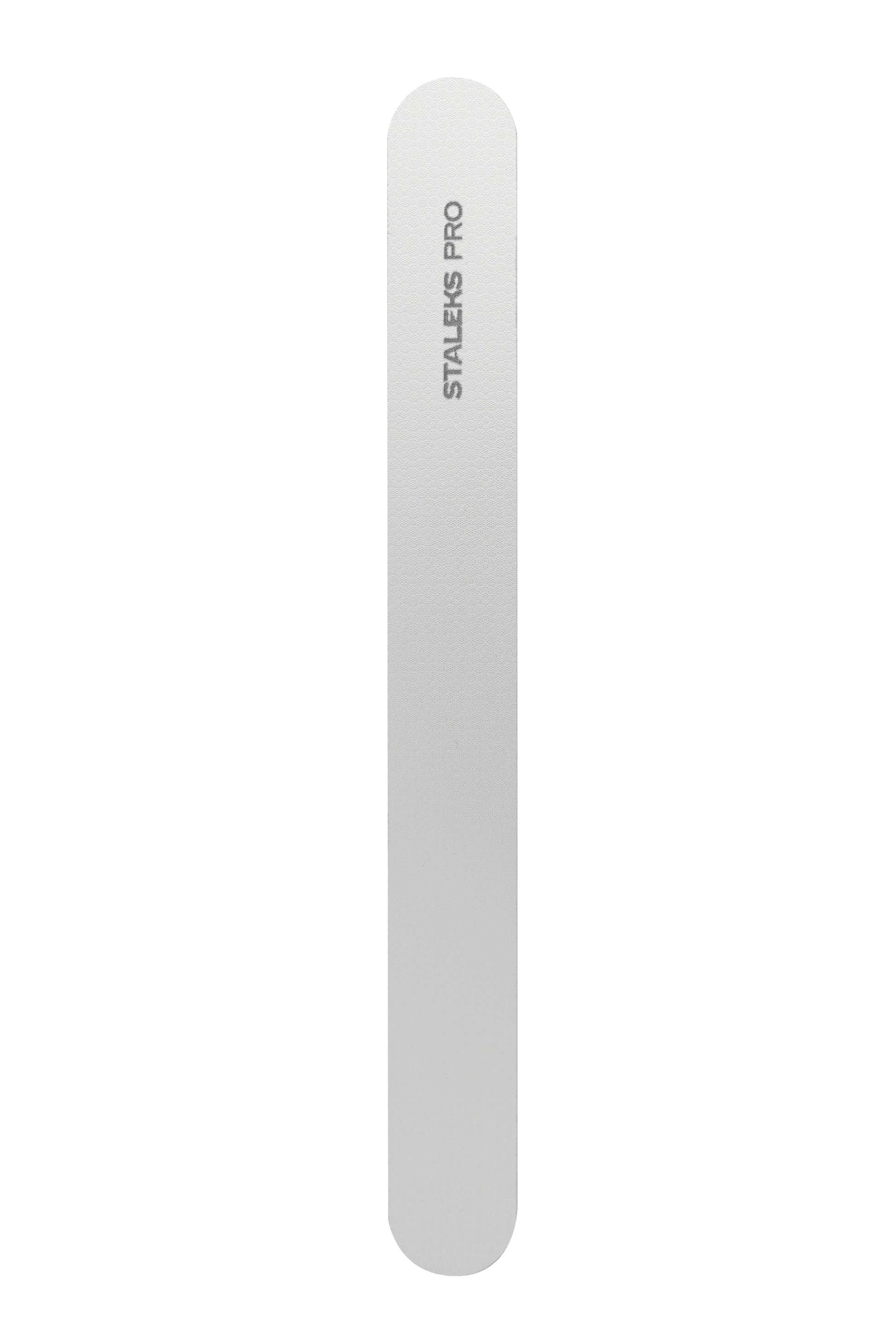 The STALEKS PRO Laser Nail File EXPERT 10 (165 mm) by Staleks is a white file with rounded edges and "STALEKS PRO" printed vertically at the top—ideal for manicures and pedicures, shown on a plain black background.