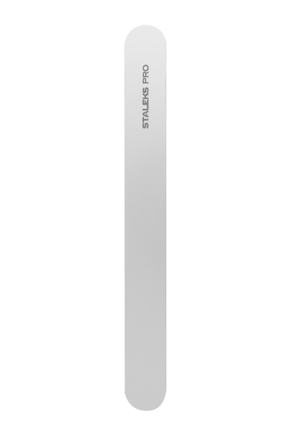 The STALEKS PRO Laser Nail File EXPERT 10 (165 mm) by Staleks is a white file with rounded edges and "STALEKS PRO" printed vertically at the top—ideal for manicures and pedicures, shown on a plain black background.
