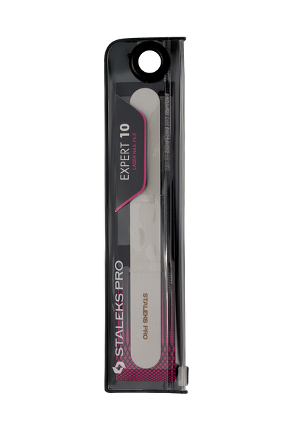 The STALEKS PRO Laser Nail File EXPERT 10 (165 mm) by Staleks is displayed in a clear plastic sleeve with black and pink branding, offering precise care for manicures and pedicures.