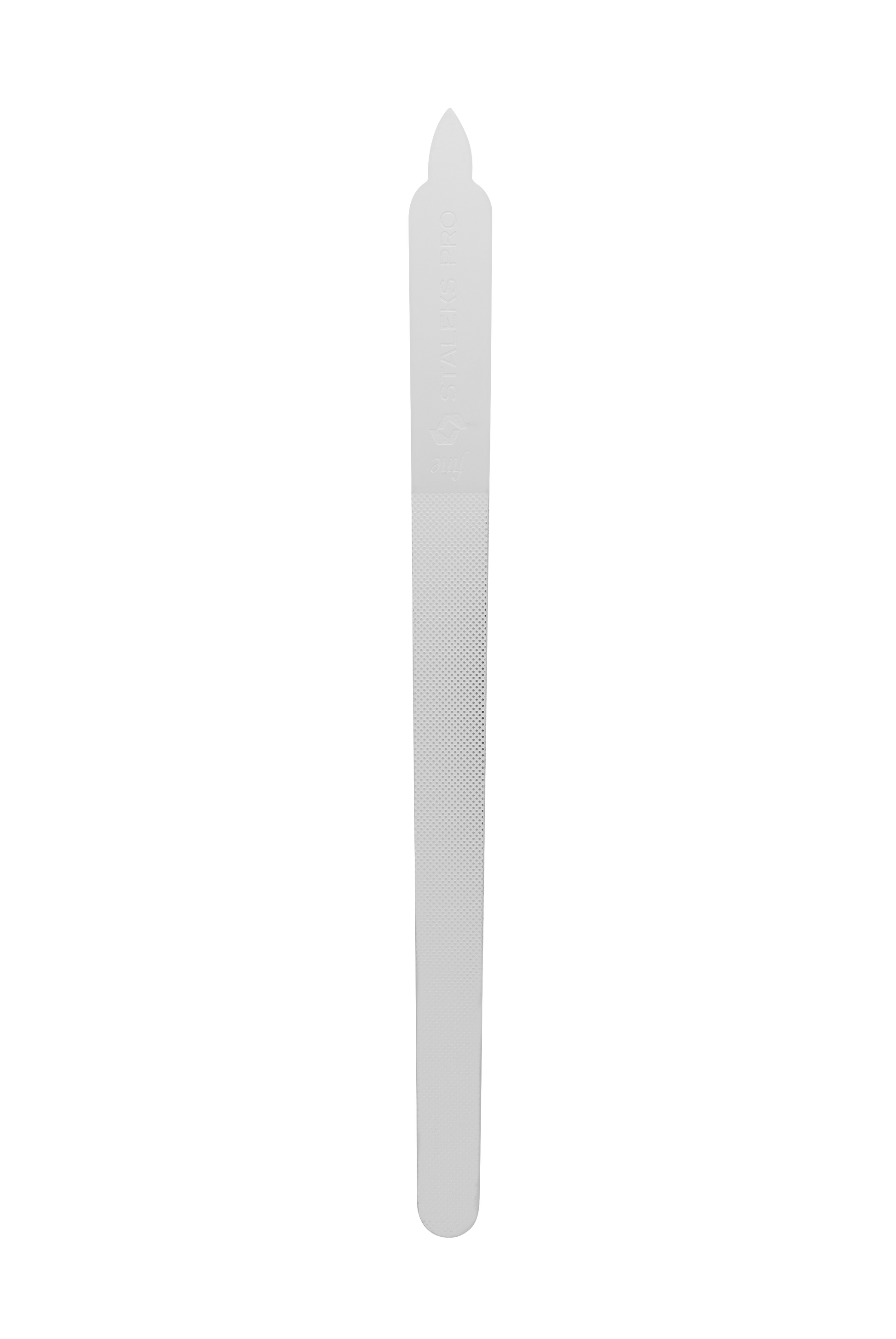 The STALEKS PRO Laser Nail File EXPERT 11 (155 mm) by Staleks features a pointed tip and textured surface, perfect for manicures and pedicures. Shown vertically against a black background.