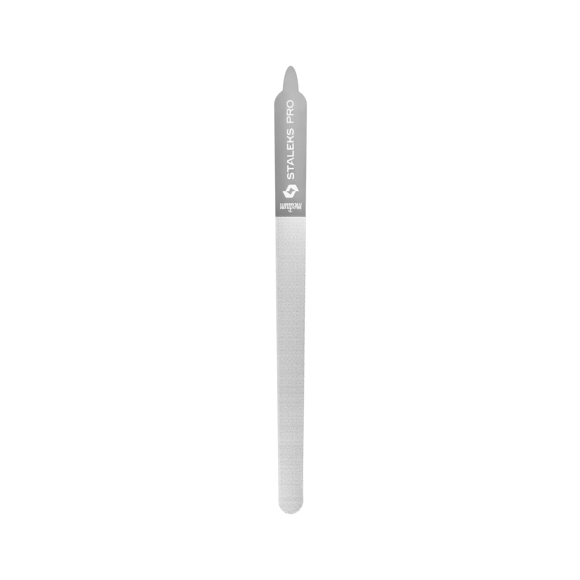 The STALEKS PRO Laser Nail File EXPERT 11 (155 mm) by Staleks is displayed vertically against a black background—perfect for professional manicures and pedicures.