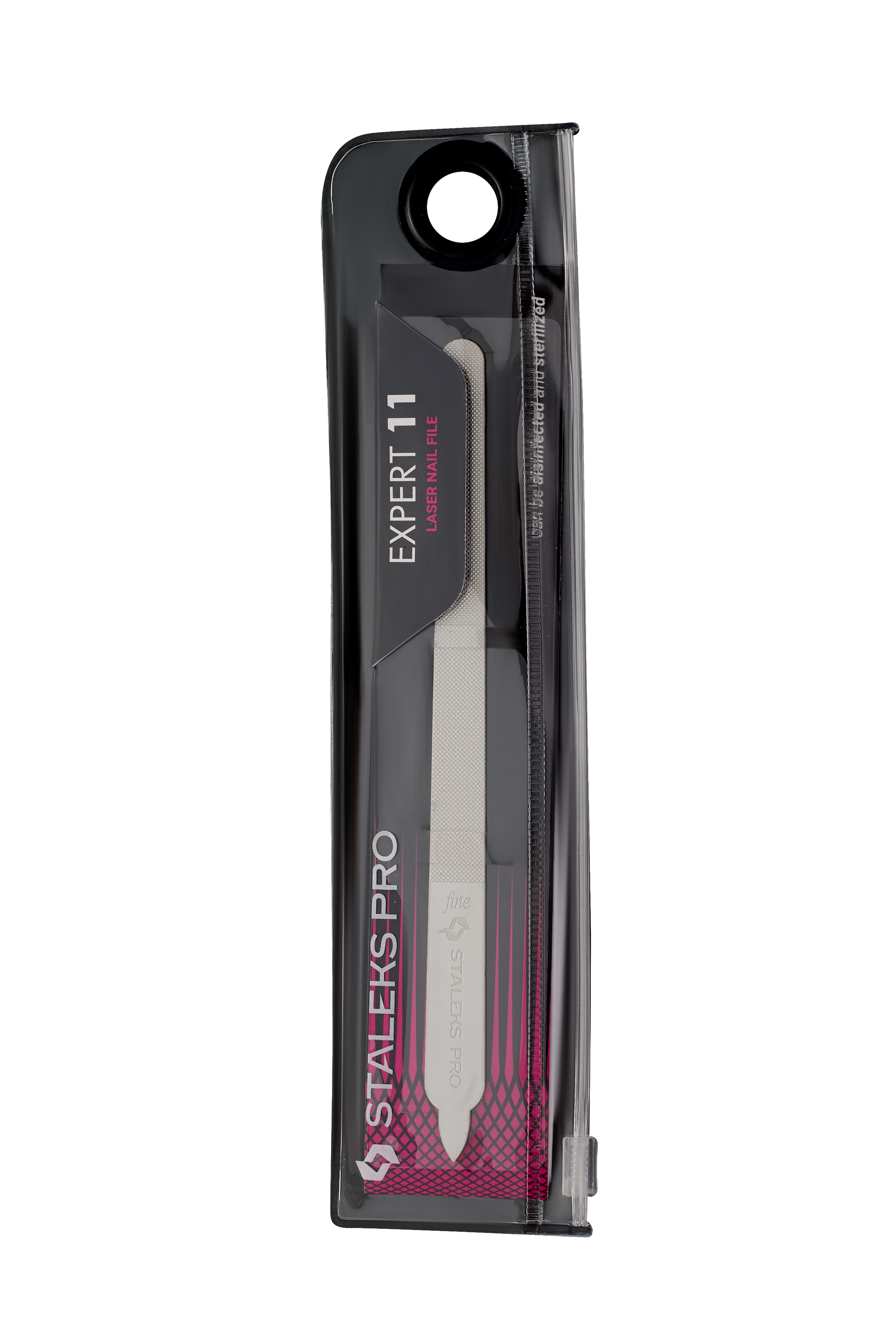 A STALEKS PRO Laser Nail File EXPERT 11 (155 mm) by Staleks, shown in a transparent black and pink plastic case against a black background—ideal for professional manicures and pedicures.