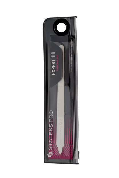 A STALEKS PRO Laser Nail File EXPERT 11 (155 mm) by Staleks, shown in a transparent black and pink plastic case against a black background—ideal for professional manicures and pedicures.