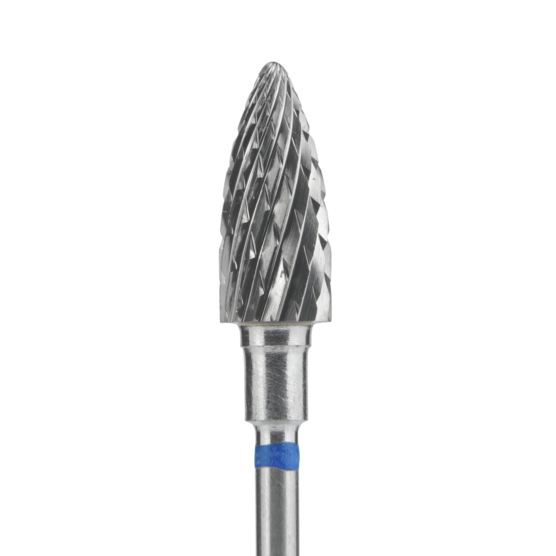A close-up of the STALEKS PRO Carbide Nail Drill Bit Pine Cone Blue by Staleks, featuring a 6mm diameter spiral-fluted head (working part 14mm), used for shaping artificial nails, set against a black background.