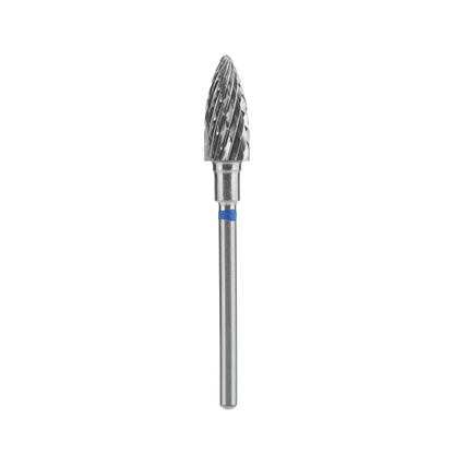 The STALEKS PRO Carbide Nail Drill Bit Pine Cone Blue by Staleks features a 6 mm cone-shaped tip and 14 mm working part, perfect for manicure/pedicure or shaping artificial nails, shown isolated on a black background.
