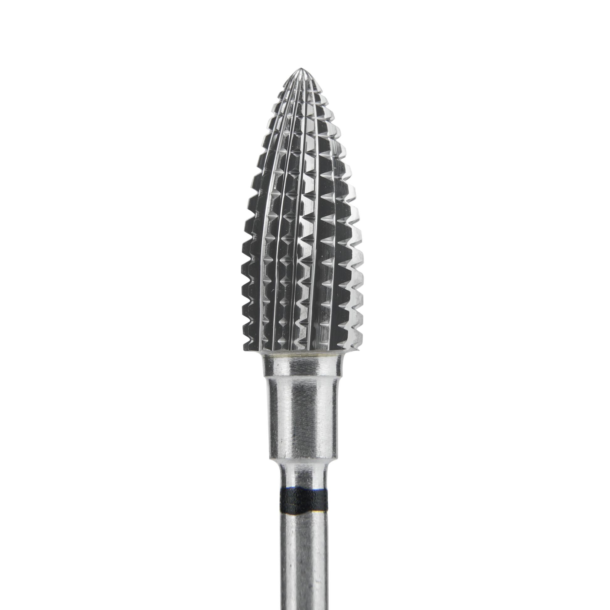 Close-up of the STALEKS PRO Carbide Nail Drill Bit Pine Cone Black Hard by Staleks (head: 6mm, working part: 14mm)—ideal for cutting, shaping, or grinding nails in hardware manicures or pedicures—isolated on a black background.