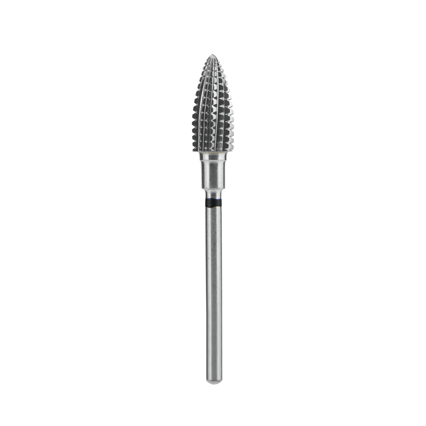 The Staleks STALEKS PRO Carbide Nail Drill Bit Pine Cone Black Hard (Head Diameter 6 mm, Working Part 14 mm) features a pointed, textured tip for manicure or pedicure, shown isolated on a black background.