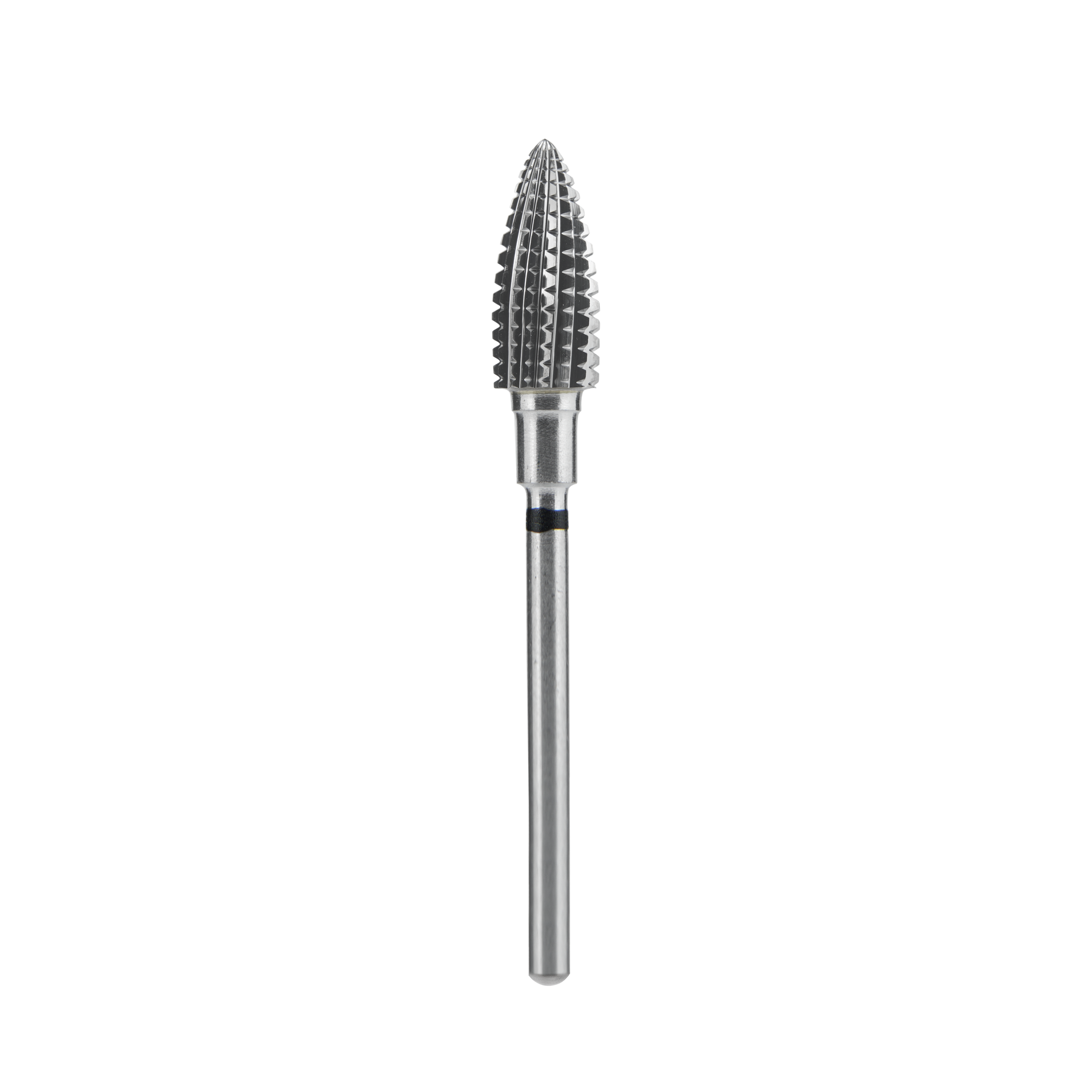 The Staleks STALEKS PRO Carbide Nail Drill Bit Pine Cone Black Hard (Head Diameter 6 mm, Working Part 14 mm) features a pointed, textured tip for manicure or pedicure, shown isolated on a black background.