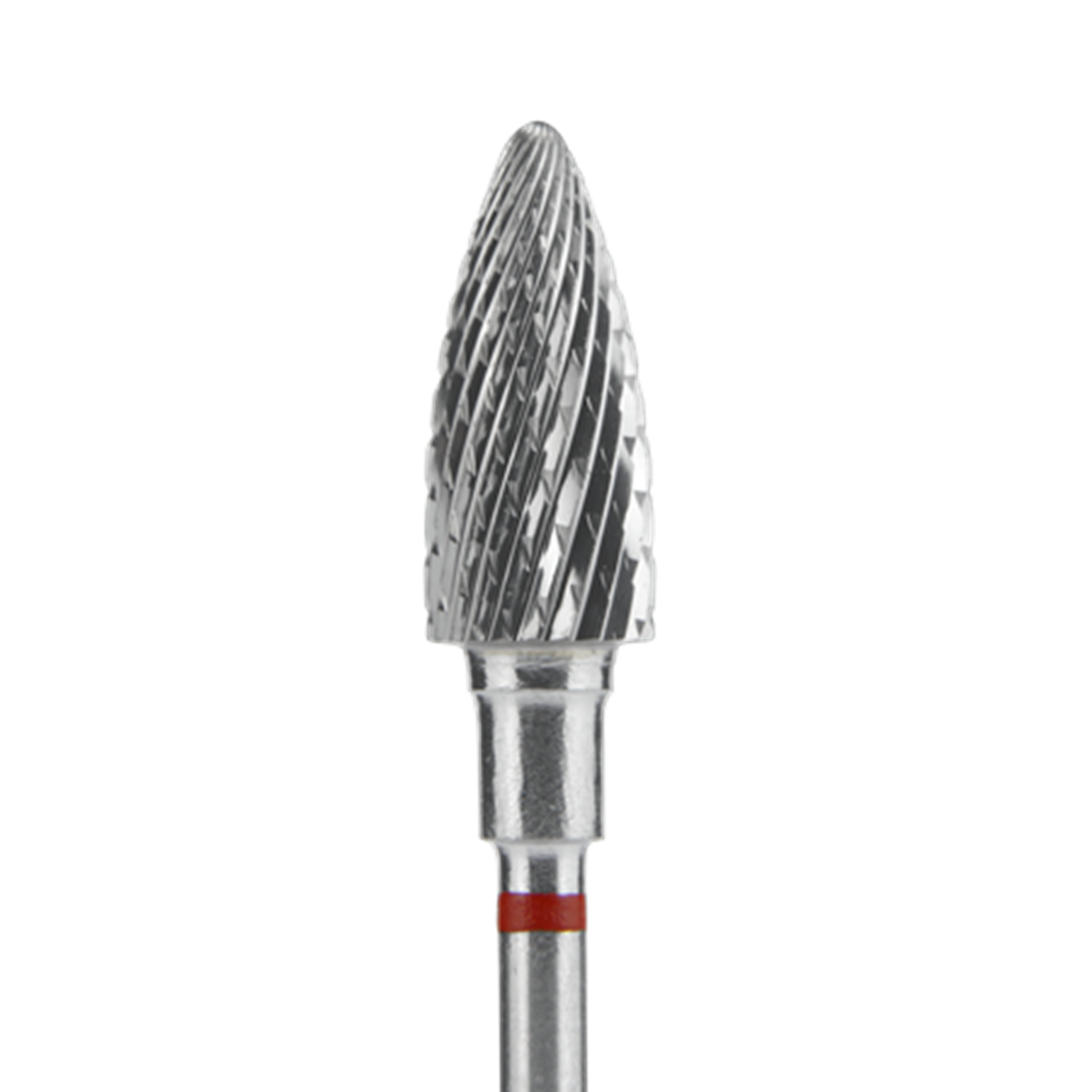 A close-up of the STALEKS PRO Carbide Nail Drill Bit Pine Cone Red (EXPERT, 6mm head/14mm working part) by Staleks, featuring spiral grooves and a red-banded shank, ideal for hardware manicures or artificial nail correction.