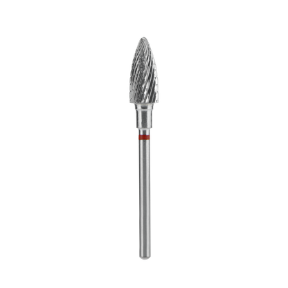 The STALEKS PRO Carbide Nail Drill Bit Pine Cone Red by Staleks features a 6 mm diameter, 14 mm working part, and a tapered ridged head, ideal for manicure or correcting artificial nails, shown against a solid black background.