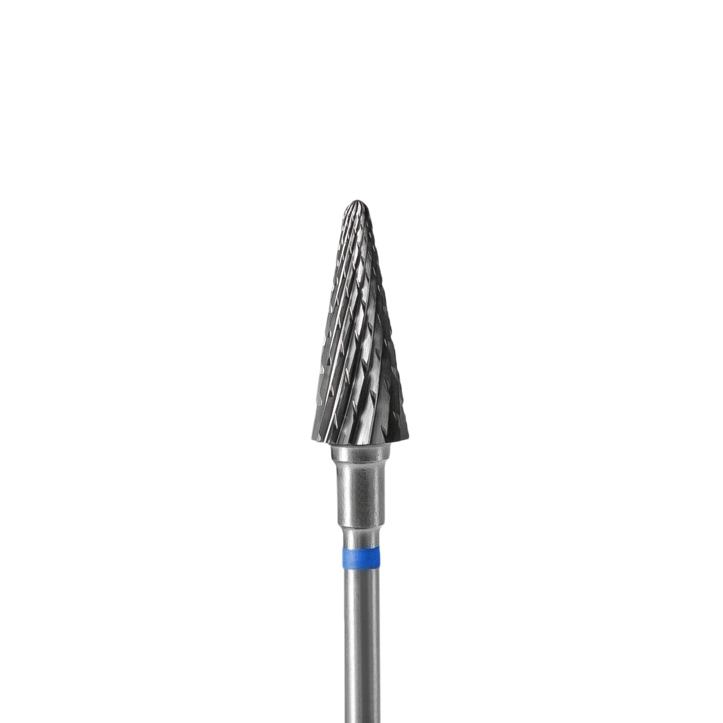 A close-up of the STALEKS PRO Carbide Nail Drill Bit Cone Blue Expert (head diameter 6mm, working part 14mm) by Staleks, with a spiral-grooved tip and blue-banded shaft. Ideal for medium hardness tasks, set against a plain background.