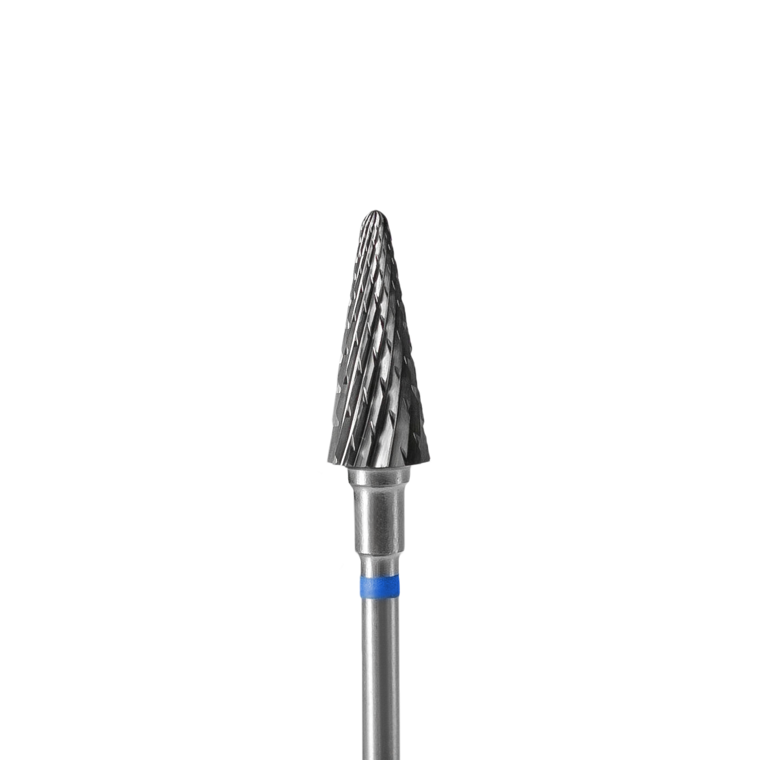 A close-up of the STALEKS PRO Carbide Nail Drill Bit Cone Blue Expert (head diameter 6mm, working part 14mm) by Staleks, with a spiral-grooved tip and blue-banded shaft. Ideal for medium hardness tasks, set against a plain background.