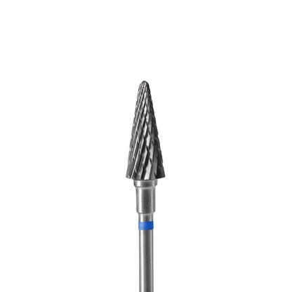 A close-up of the STALEKS PRO Carbide Nail Drill Bit Cone Blue Expert (head diameter 6mm, working part 14mm) by Staleks, with a spiral-grooved tip and blue-banded shaft. Ideal for medium hardness tasks, set against a plain background.