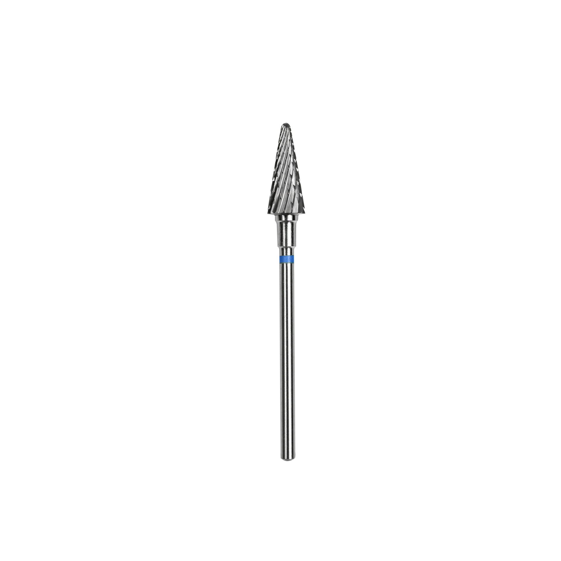 The Staleks STALEKS PRO Carbide Nail Drill Bit Cone Blue features a 6 mm diameter, 14 mm working part, medium hardness spiral-fluted head, and straight shank, shown on a black background.