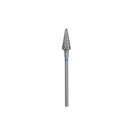 The Staleks STALEKS PRO Carbide Nail Drill Bit Cone Blue features a 6 mm diameter, 14 mm working part, medium hardness spiral-fluted head, and straight shank, shown on a black background.