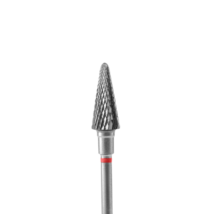 The STALEKS PRO Carbide Nail Drill Bit Cone Red EXPERT by Staleks features a 6 mm head and 14 mm working part, perfect for hardware manicures and artificial material removal, shown upright against a plain background.
