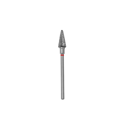 The Staleks STALEKS PRO Carbide Nail Drill Bit Cone Red EXPERT, with a 6 mm head and 14 mm working part, is ideal for hardware manicures and efficiently removes artificial material from hard surfaces.