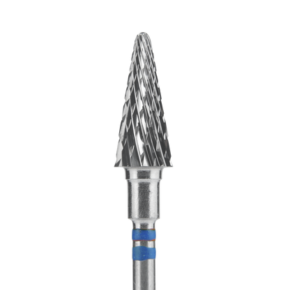 A close-up of the Staleks STALEKS PRO Carbide Nail Drill Bit for left-handed users, cone blue EXPERT (6 mm head/14 mm working part), featuring textured diagonal grooves and blue stripes, isolated on a black background.