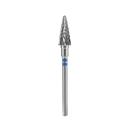The Staleks STALEKS PRO Carbide Nail Drill Bit for left-handed users, EXPERT cone shape with a 6 mm head diameter and 14 mm working part, is displayed upright against a black background.