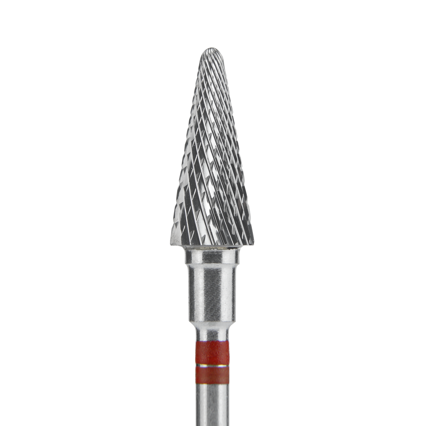 A close-up of the Staleks STALEKS PRO Carbide Nail Drill Bit for left-handed users, featuring a 6 mm cone-shaped EXPERT head with a red mark and 14 mm working part, designed for hardware manicures, shown against a black background.