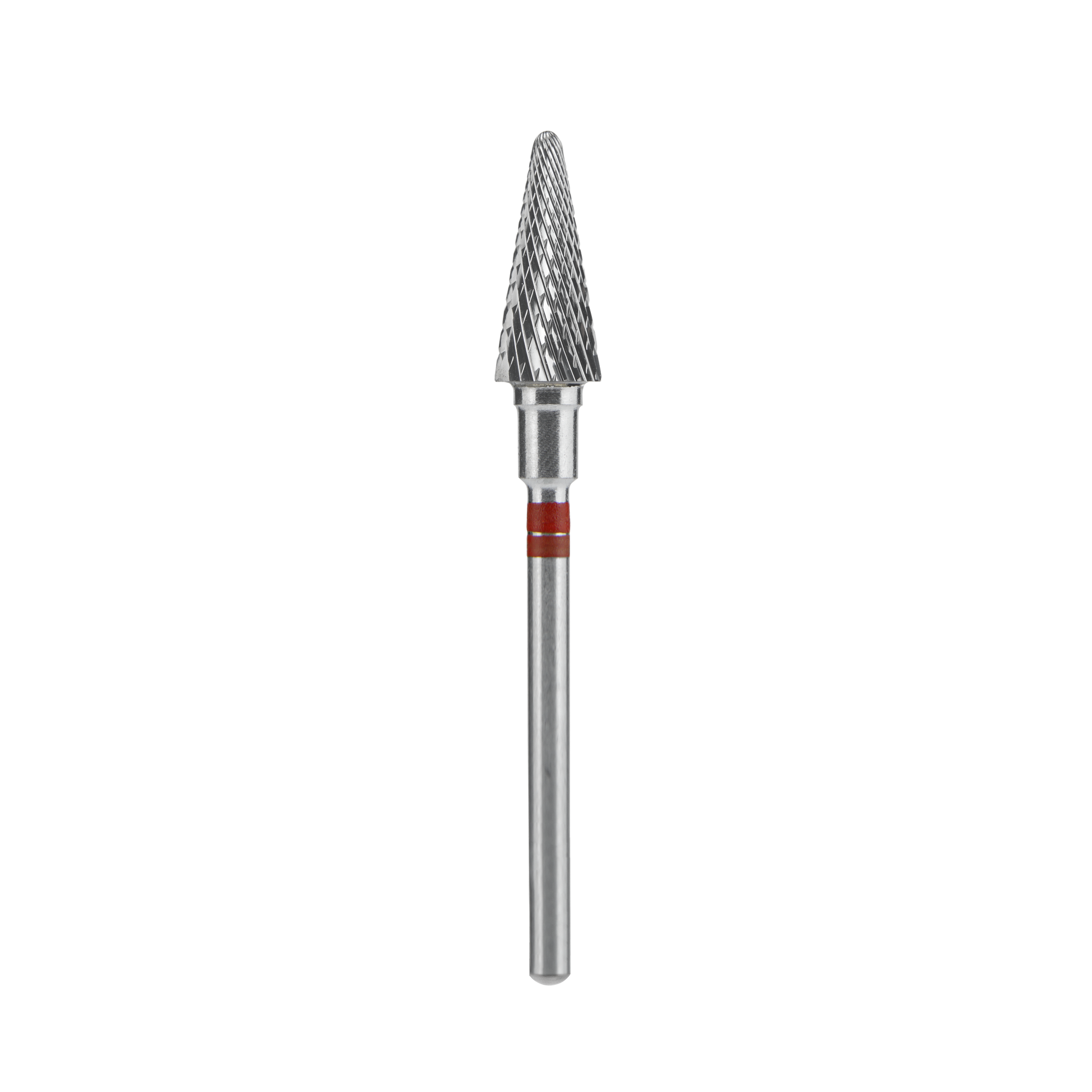 The STALEKS PRO Carbide Nail Drill Bit for left-handed users features a 6 mm cone-shaped head, 14 mm working part, and a red ringed shaft—ideal for grinding or deburring in hardware manicures or artificial nail removal. Brand: Staleks.