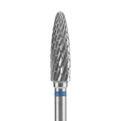 A close-up of the Staleks STALEKS PRO Carbide Nail Drill Bit Flame Blue EXPERT, featuring a 5 mm head and 13.5 mm working part, with a blue band—perfect for precise gel polish removal from artificial nails.