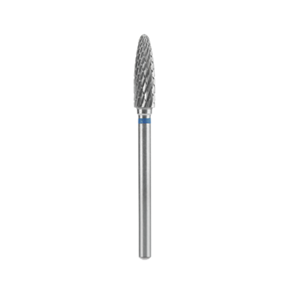 The STALEKS PRO Carbide Nail Drill Bit Corn Blue EXPERT by Staleks features a 4 mm diameter, 14 mm working part, and pointed textured head—ideal for gel polish removal or refining artificial nails, shown on a transparent background.