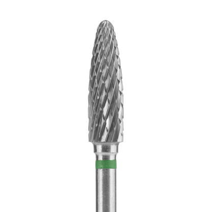 Close-up of the Staleks STALEKS PRO Carbide Nail Drill Bit Corn Green EXPERT (4mm head, 14mm working part), a silver, spiral-cut rotary burr tool with a green band for gel polish removal or shaping artificial nails by Staleks.