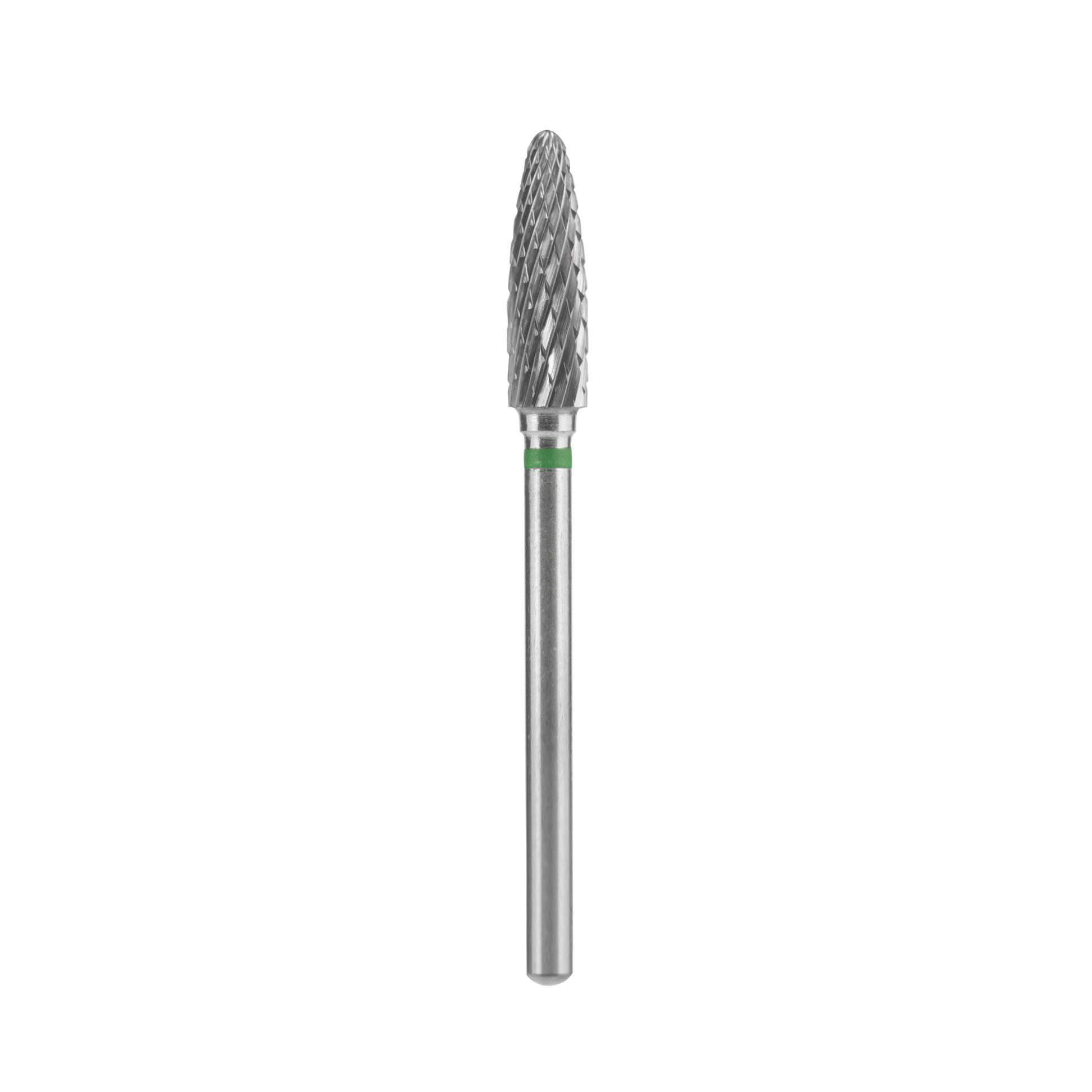 The Staleks STALEKS PRO Carbide Nail Drill Bit Corn Green, 4 mm head and 14 mm working part, features a pointed, textured cutting head and smooth cylindrical shank—ideal for gel polish removal—shown isolated on black.