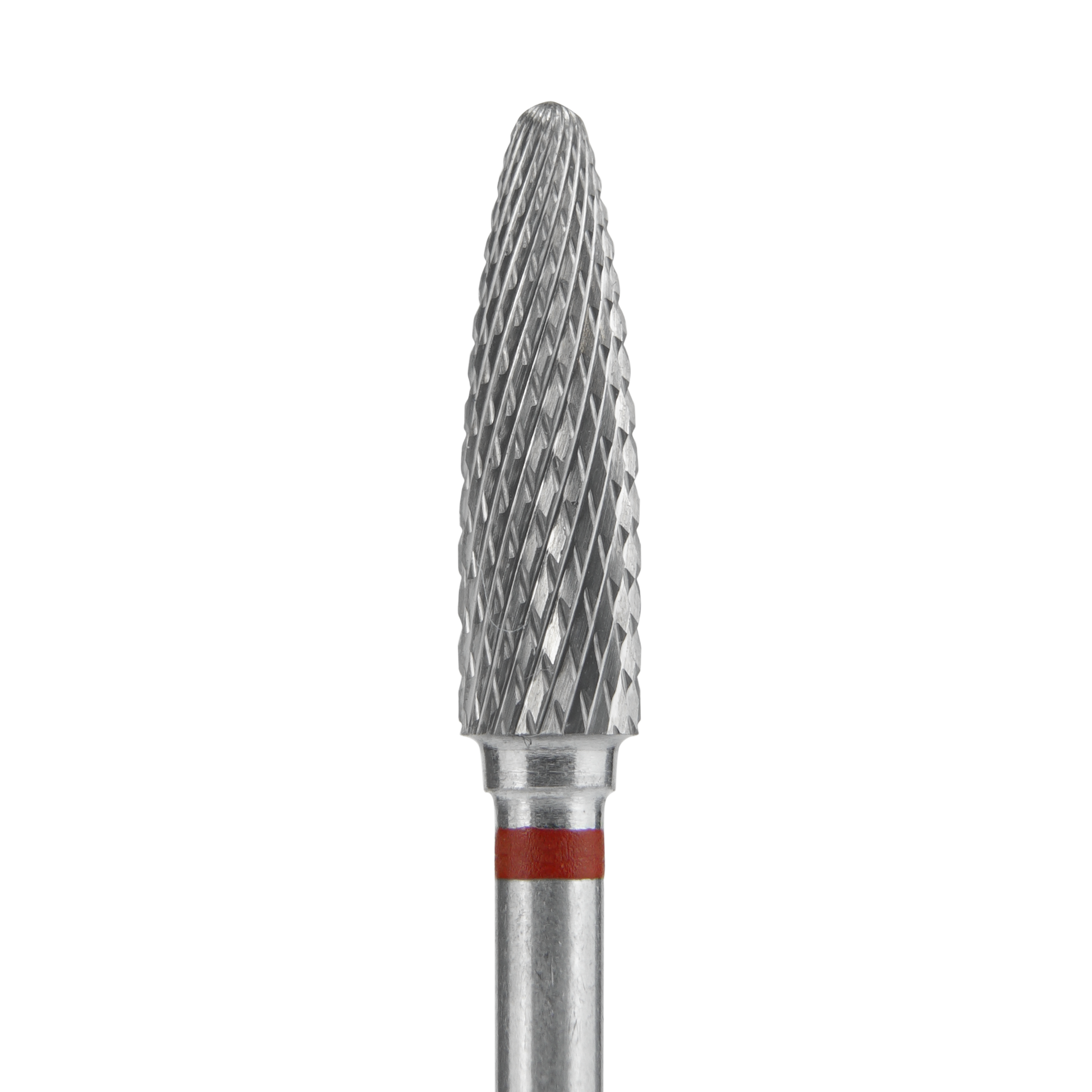 A close-up of the Staleks STALEKS PRO Carbide Nail Drill Bit Corn Red EXPERT (head diameter 4 mm, working part 14 mm), featuring a pointed, textured silver tip with a red ring near its base, set against a black background.