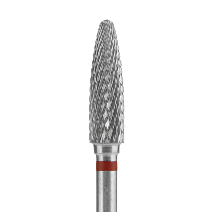 A close-up of the Staleks STALEKS PRO Carbide Nail Drill Bit Corn Red EXPERT (head diameter 4 mm, working part 14 mm), featuring a pointed, textured silver tip with a red ring near its base, set against a black background.