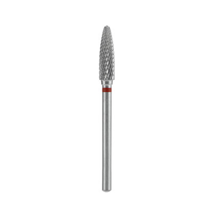 The STALEKS PRO Carbide Nail Drill Bit Corn Red EXPERT by Staleks features a 4 mm head and 14 mm working part, ideal for manicure hardware work, shown isolated on a black background.