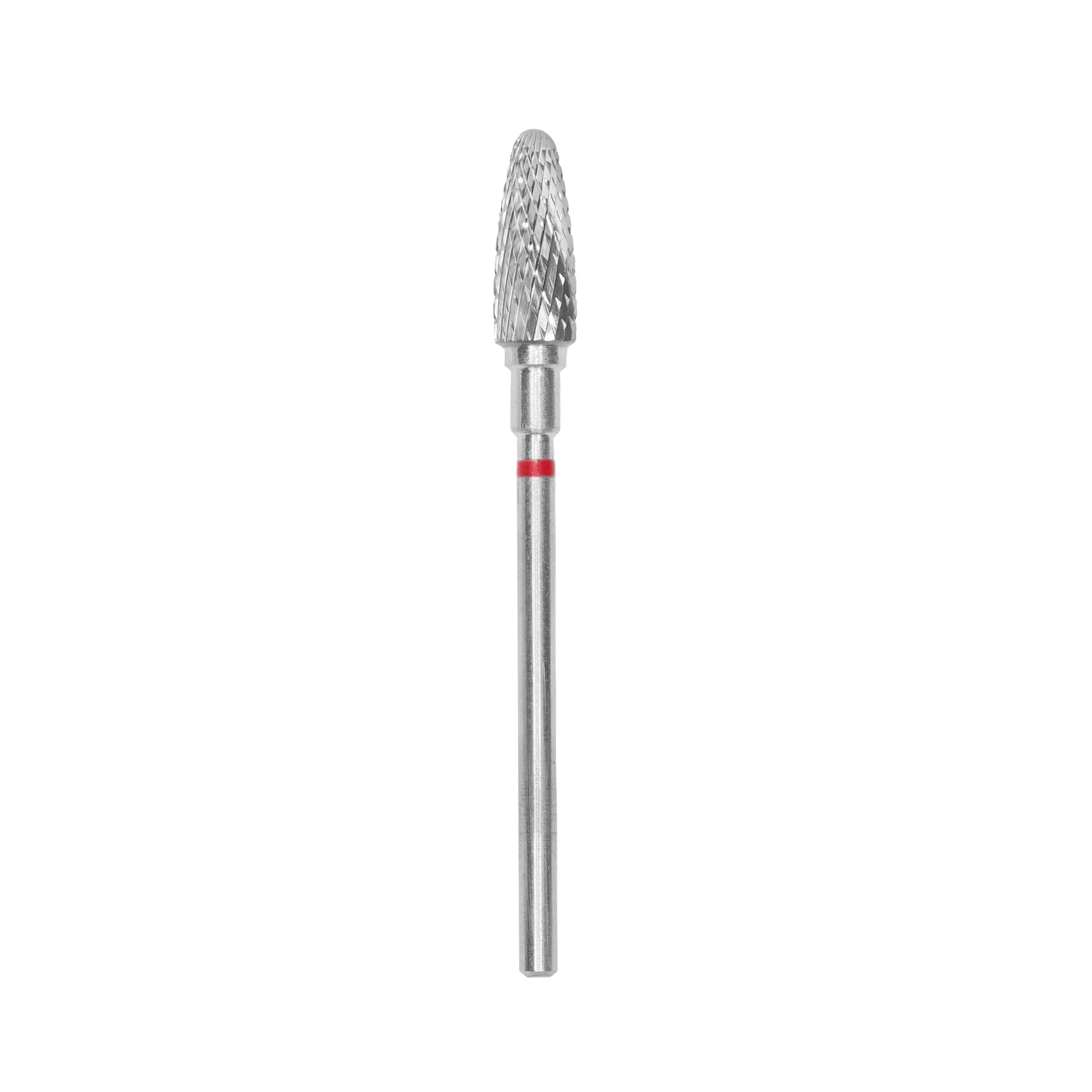The Staleks PRO Carbide Nail Drill Bit Corn Red EXPERT features a 5 mm head and 13 mm working part, with a red band near the head. Ideal for hardware manicure and gel polish removal, this tool is isolated on a white background.