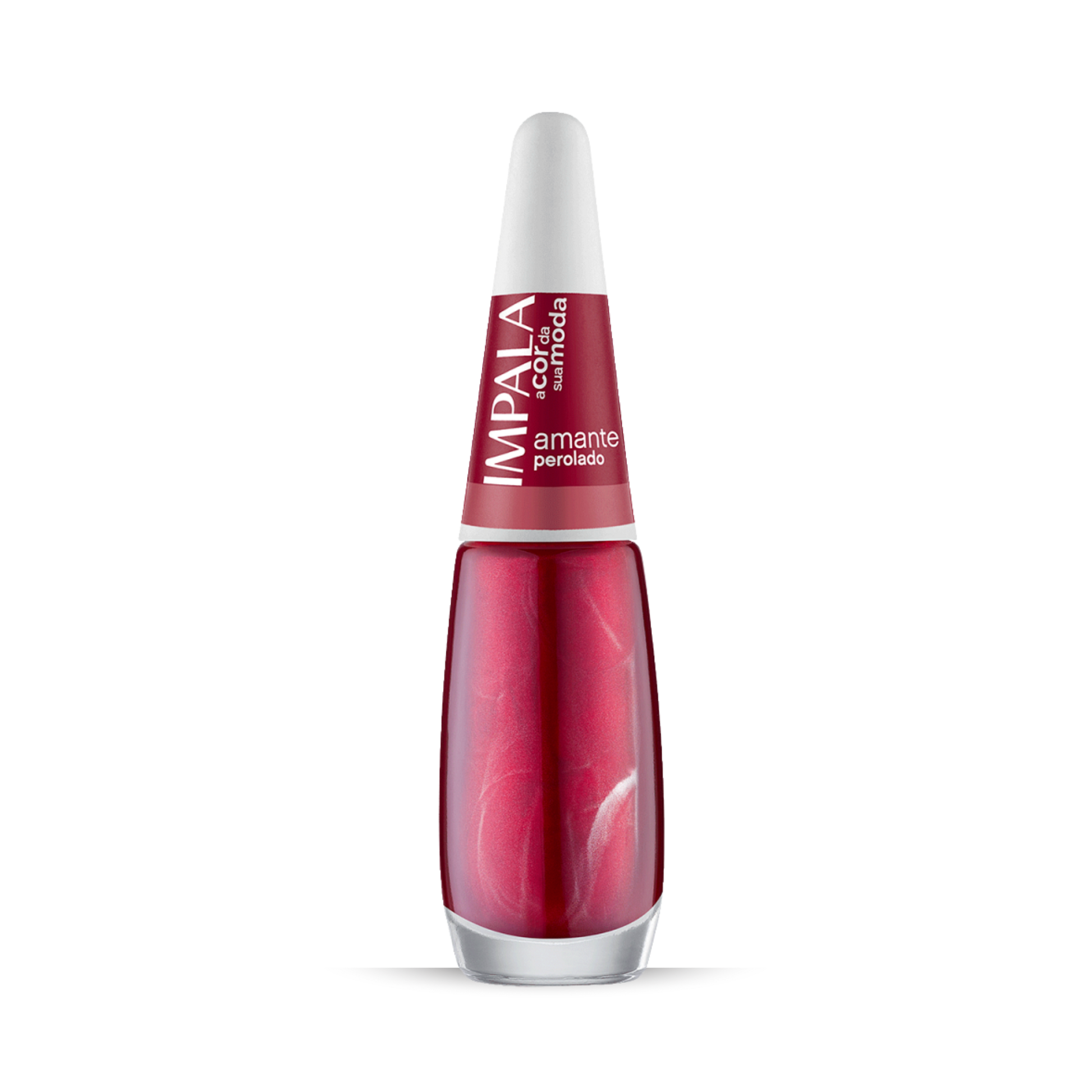 A 7.5 ml bottle of Impala Regular Nail Polish in the pearlescent red shade "Amante Perolado," featuring a white cap and front label, set against a plain white background.