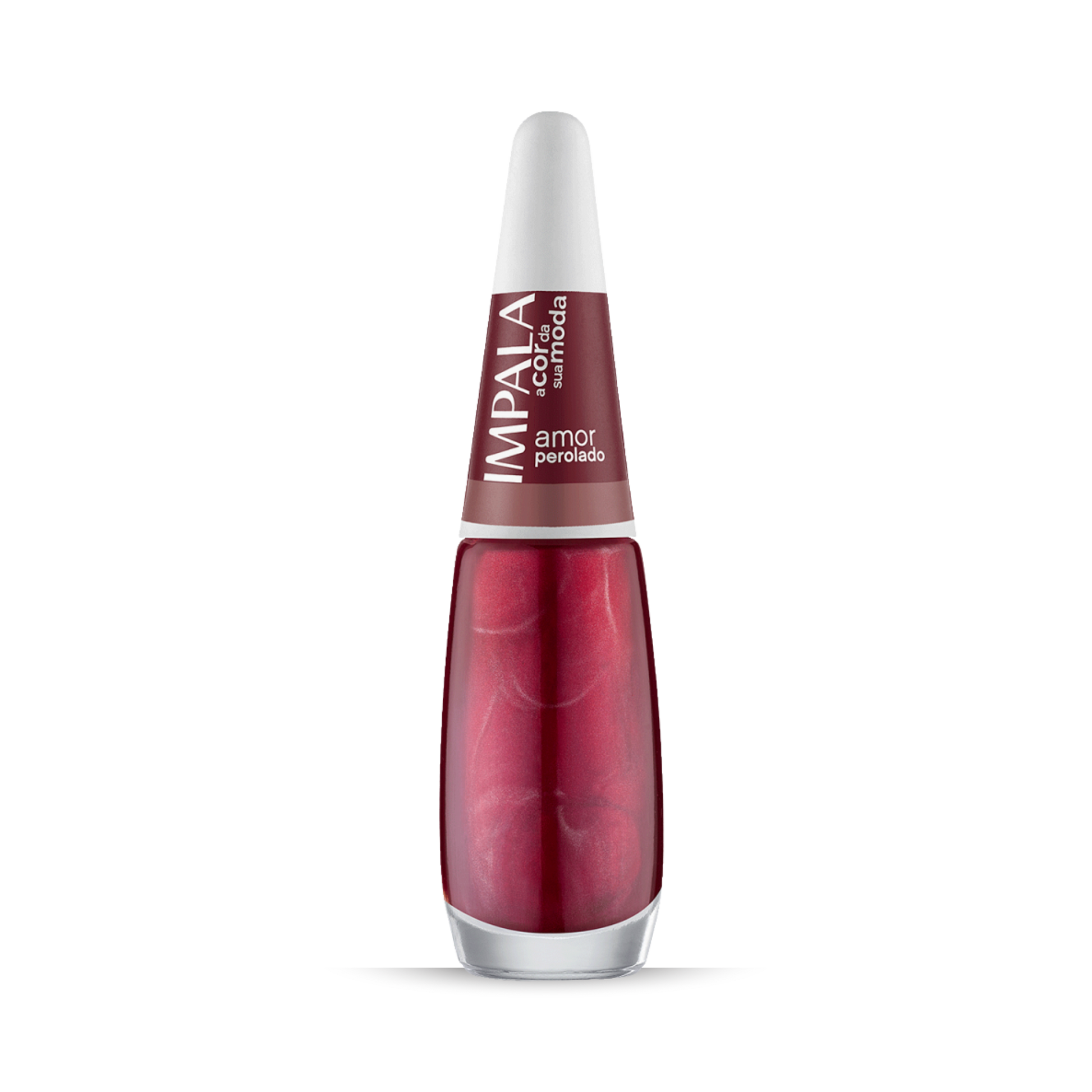 A 7.5 ml bottle of Impala Regular Nail Polish in Pearlescent Red "Amor Perolado," featuring a white cap and maroon label, is shown against a plain white background. This polish delivers a long-lasting, dazzling red finish.
