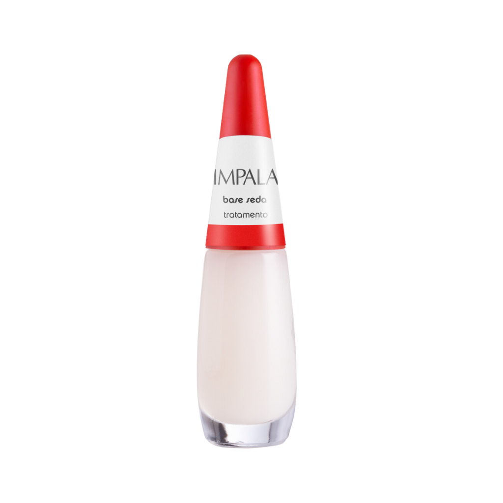 The IMPALA Treatment Silk Base Coat 7.5 ml by Impala features a white liquid and striking red cap. Its cylindrical bottle gracefully tapers from a wide base to a narrow top, with the label reading "Impala Seda Tratamento," embodying elegance.