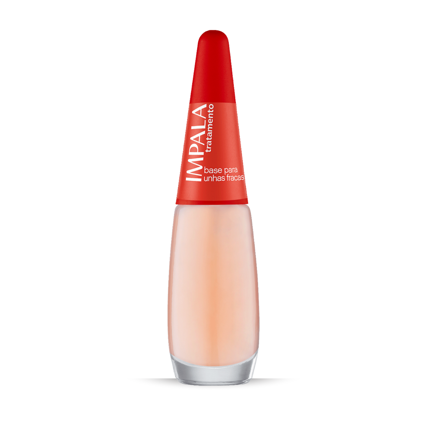 A 7.5 ml bottle of IMPALA Treatment Strengthening Base Coat for Weak Nails by Impala, featuring a red cap and frosted glass body labeled "base para unhas fracas," displayed against a plain white background.
