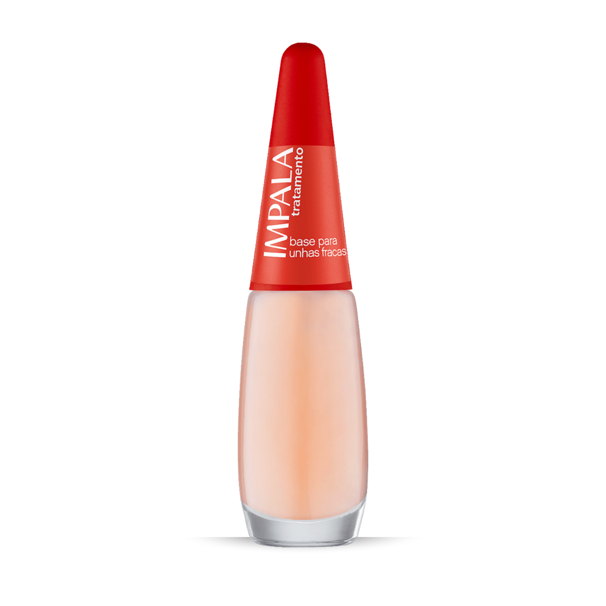 A 7.5 ml bottle of IMPALA Treatment Strengthening Base Coat for Weak Nails by Impala, featuring a red cap and frosted glass body labeled "base para unhas fracas," displayed against a plain white background.